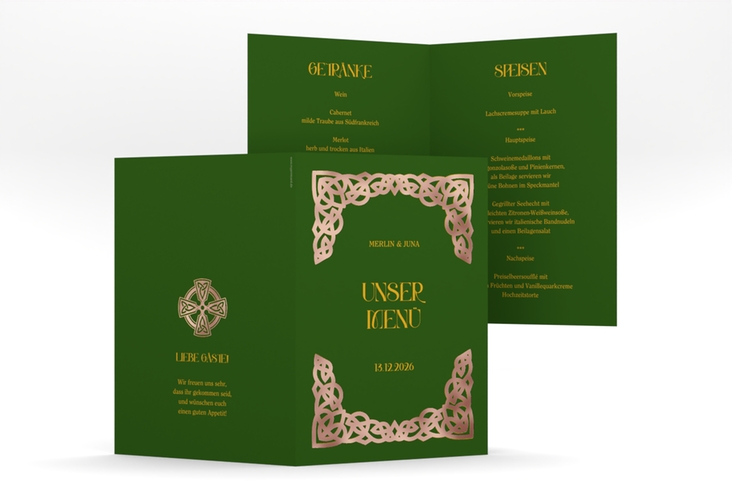 Menükarte Hochzeit Celtic A5 Klappkarte hoch gruen rosegold mit keltischem Knoten in irischen Farben