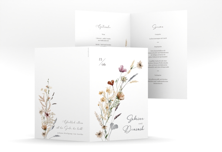 Menükarte Hochzeit Sauvages A5 Klappkarte hoch weiss silber mit getrockneten Wiesenblumen