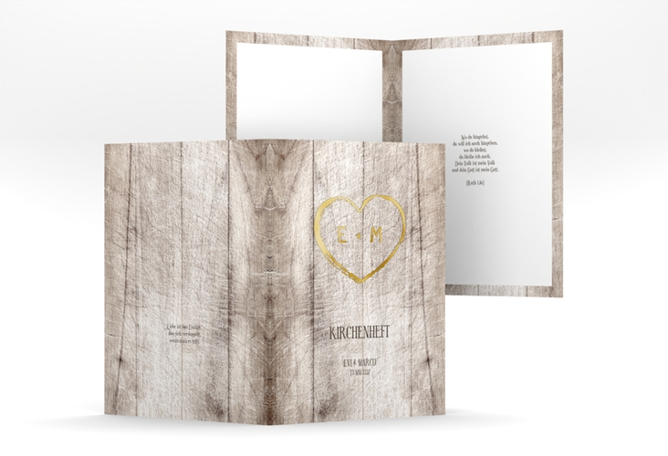 Kirchenheft Hochzeit Wood A5 Klappkarte hoch weiss gold