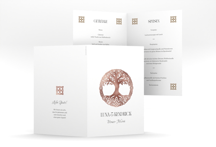 Menükarte Hochzeit Lebensbaum A5 Klappkarte hoch weiss rosegold im Stil der Kelten und Wikinger