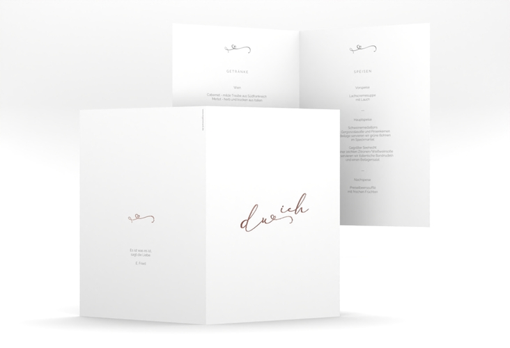 Menükarte Hochzeit Zweisamkeit A5 Klappkarte hoch weiss rosegold im minimalistischen Stil mit Aufschrift du & ich
