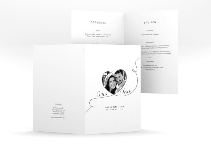 Menükarte Hochzeit Dolce A5 Klappkarte hoch weiss silber