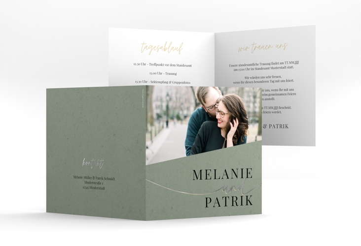 Hochzeitseinladung Leichtigkeit quadr. Klappkarte gruen silber
