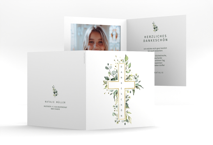 Danksagung Konfirmation Verdeggiante quadr. Klappkarte weiss gold