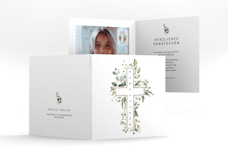 Danksagung Konfirmation Verdeggiante quadr. Klappkarte weiss rosegold