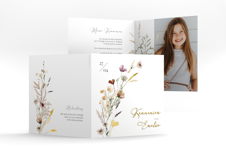 Kommunionseinladung Blumensegen quadr. Klappkarte weiss gold