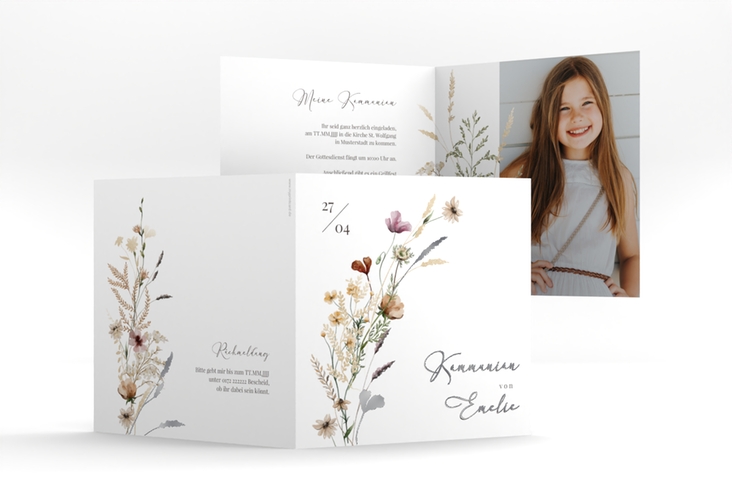 Kommunionseinladung Blumensegen quadr. Klappkarte weiss silber