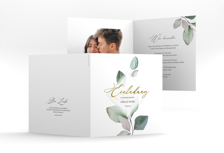 Hochzeitseinladung Foglia quadr. Klappkarte weiss gold edel mit Eukalyptus im Aquarell-Design