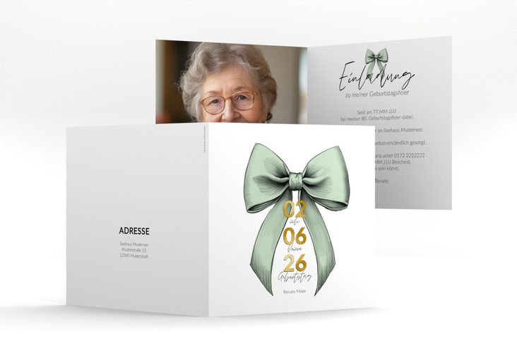 Einladung 80. Geburtstag Geburtstagsschleife quadr. Klappkarte gruen gold