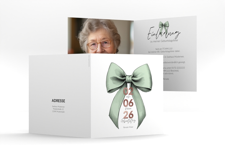 Einladung 80. Geburtstag Geburtstagsschleife quadr. Klappkarte gruen rosegold