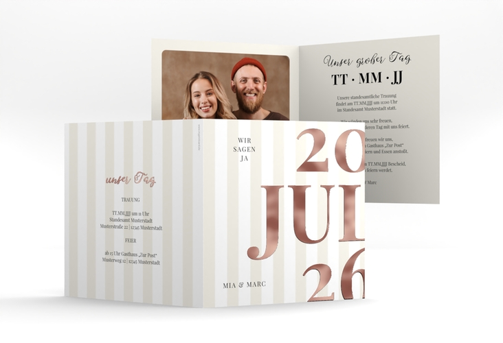 Hochzeitseinladung Streifen quadr. Klappkarte beige rosegold