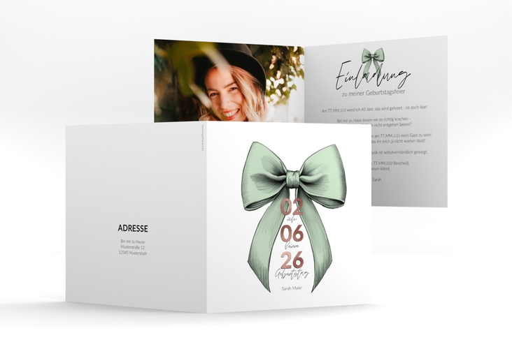 Einladung 40. Geburtstag Geburtstagsschleife quadr. Klappkarte gruen rosegold