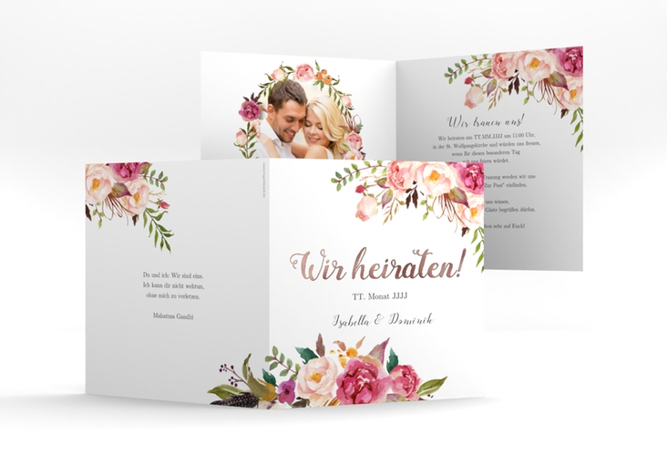Hochzeitseinladung Flowers quadr. Klappkarte weiss rosegold mit bunten Aquarell-Blumen