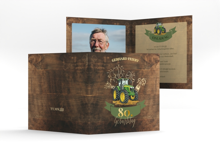 Einladung 80. Geburtstag Bulldog quadr. Klappkarte braun gold