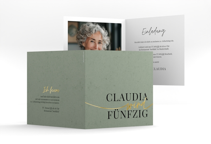 Einladung 50. Geburtstag Einfach quadr. Klappkarte gruen gold