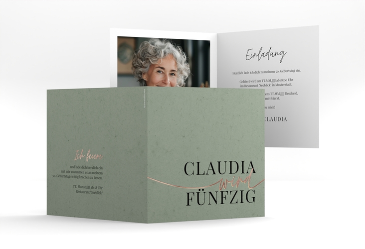Einladung 50. Geburtstag Einfach quadr. Klappkarte gruen rosegold