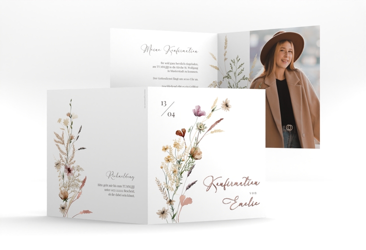 Konfirmationseinladung Aufblühen quadr. Klappkarte weiss rosegold