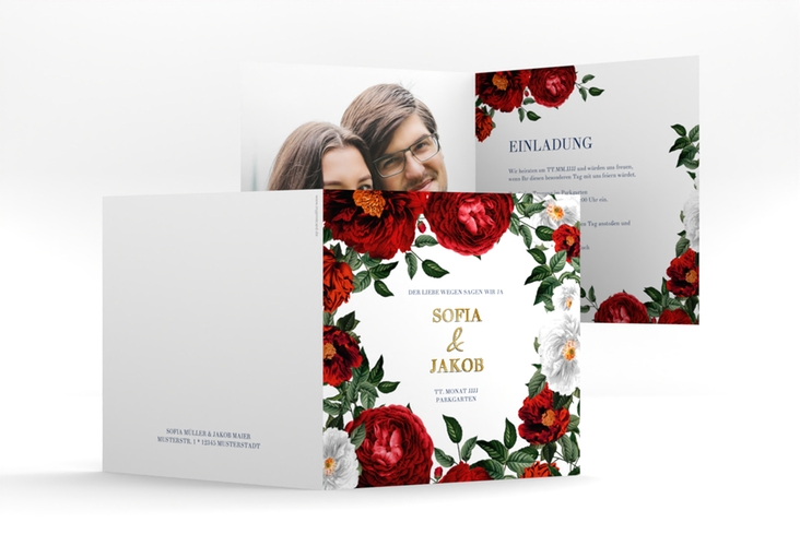 Einladungskarte Hochzeit Florista quadr. Klappkarte weiss gold