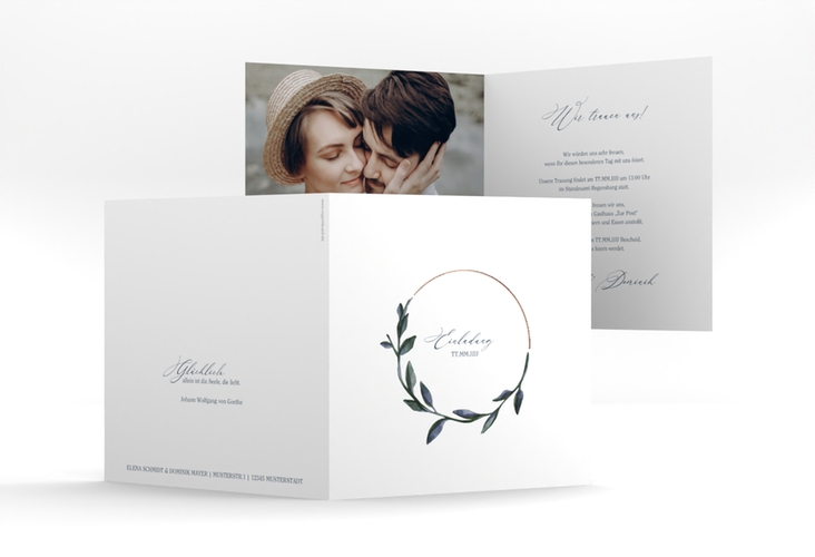 Hochzeitseinladung Botanica quadr. Klappkarte weiss rosegold