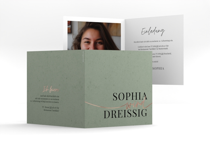 Einladung Geburtstag Einfach quadr. Klappkarte gruen rosegold