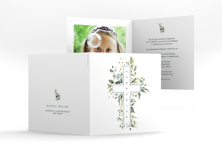 Kommunionseinladung Verdant quadr. Klappkarte weiss silber