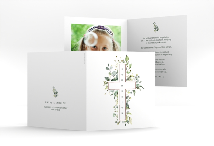 Kommunionseinladung Verdant quadr. Klappkarte weiss rosegold