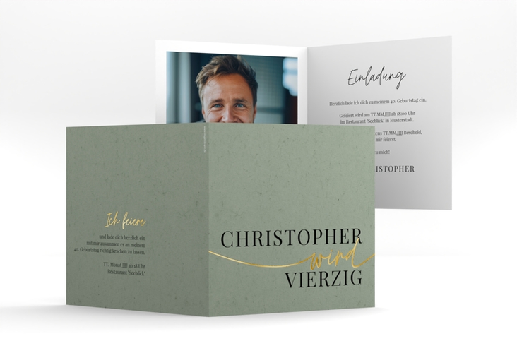 Einladung 40. Geburtstag Einfach quadr. Klappkarte gruen gold