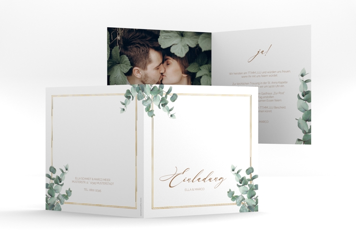 Hochzeitseinladung "Eucalypt" quadratische Klappkarte weiss gold mit Eukalyptus und edlem Rahmen