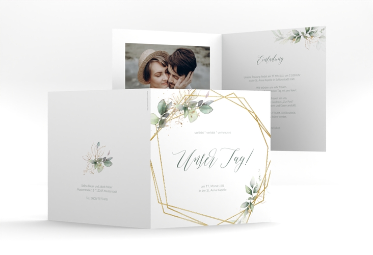 Hochzeitseinladung Greenish quadr. Klappkarte gruen gold