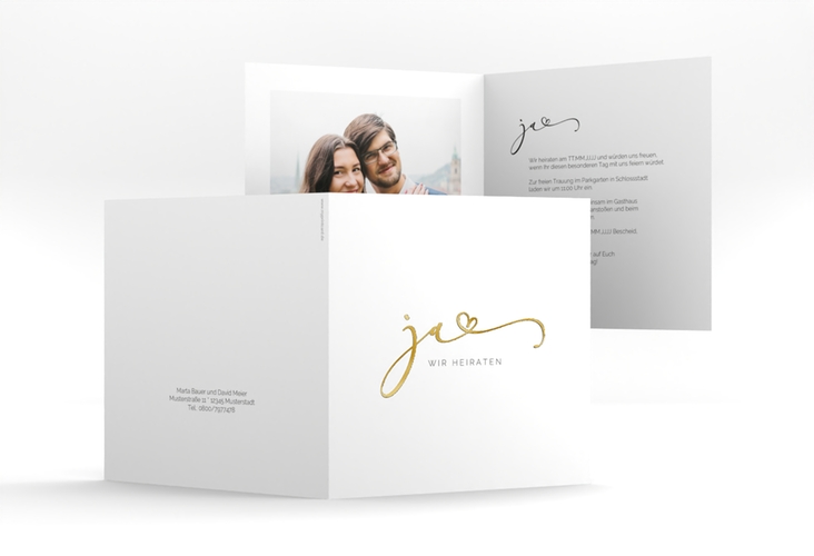 Hochzeitseinladung Jawort quadr. Klappkarte weiss gold modern minimalistisch mit veredelter Aufschrift