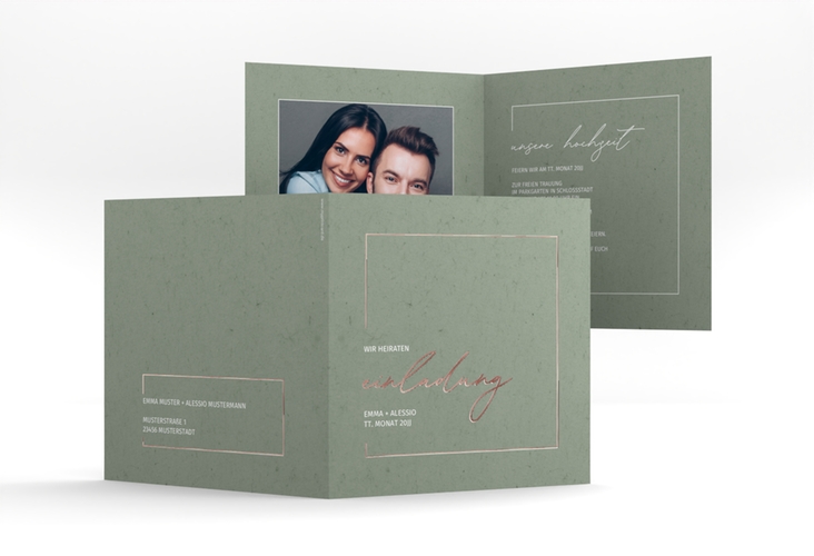 Hochzeitseinladung Simple Line quadr. Klappkarte gruen rosegold