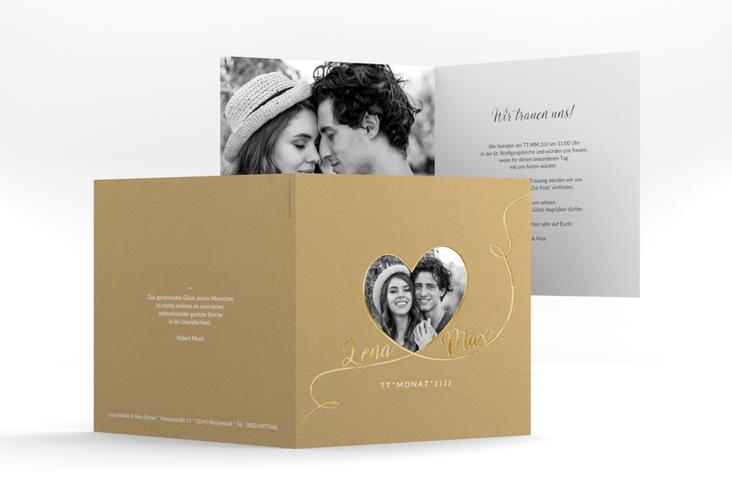 Hochzeitseinladung "Herzensbund" quadratische Klappkarte weiss gold
