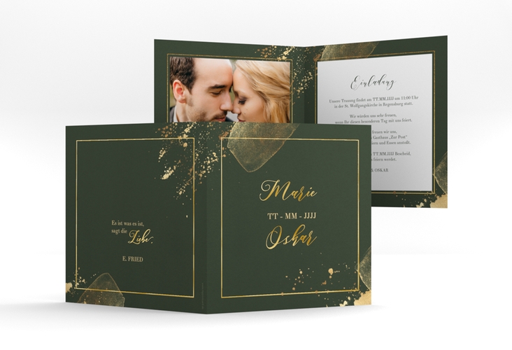 Hochzeitseinladung "Emerald" quadratische Klappkarte gruen gold