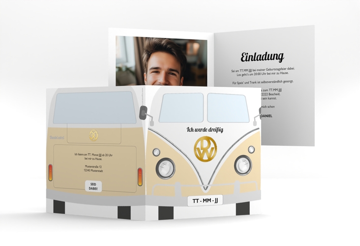 Einladung 30. Geburtstag Bulli Bus quadr. Klappkarte beige gold