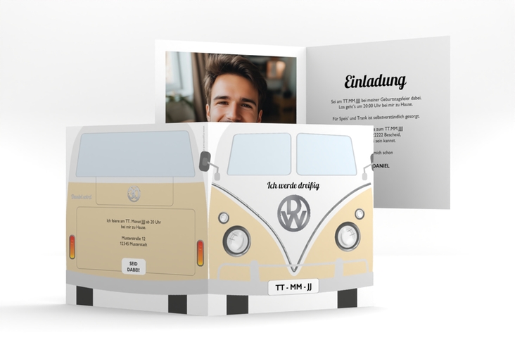 Einladung 30. Geburtstag Bulli Bus quadr. Klappkarte beige silber