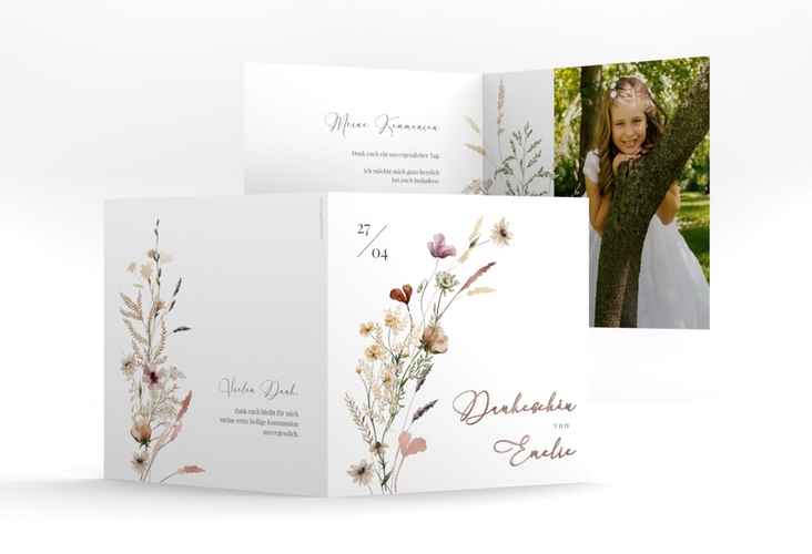 Danksagung Kommunion Blumensegen quadr. Klappkarte weiss rosegold