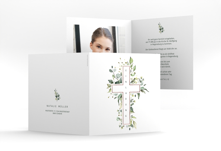 Konfirmationseinladung Verdeggiante quadr. Klappkarte weiss rosegold