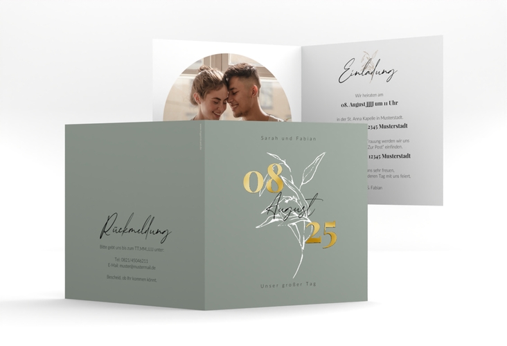 Hochzeitseinladung Seed quadr. Klappkarte gruen gold mit Pflanzen-Illustration und elegantem Datum