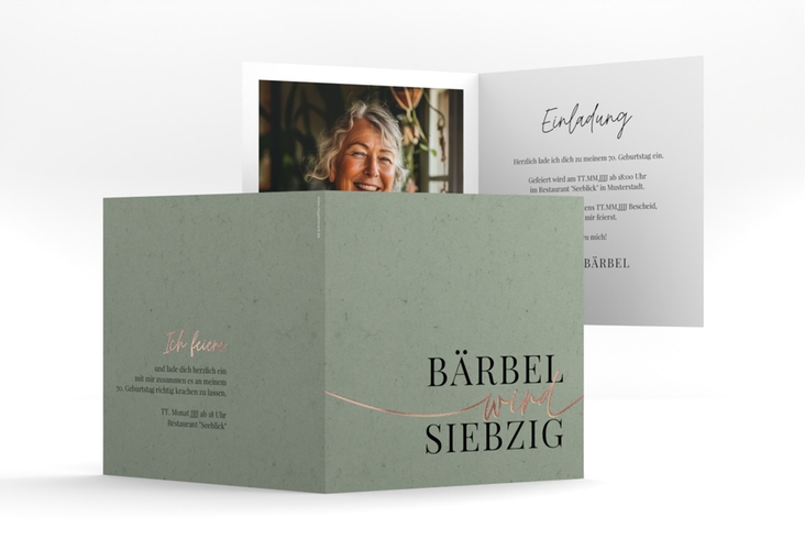 Einladung 70. Geburtstag Einfach quadr. Klappkarte gruen rosegold