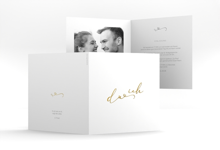 Hochzeitseinladung Zweisamkeit quadr. Klappkarte weiss gold im minimalistischen Stil mit Aufschrift du & ich