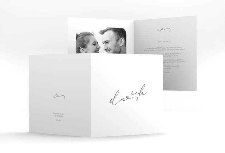 Hochzeitseinladung Zweisamkeit quadr. Klappkarte weiss silber im minimalistischen Stil mit Aufschrift du & ich