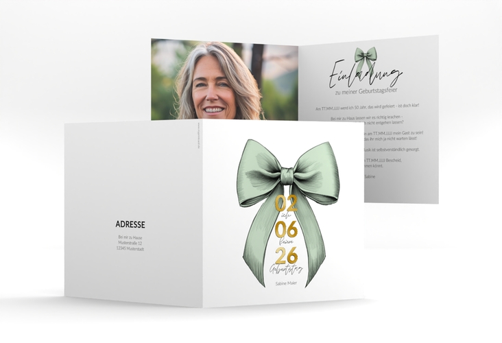 Einladung 50. Geburtstag Geburtstagsschleife quadr. Klappkarte gruen gold