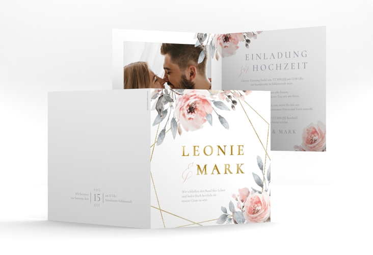 Hochzeitseinladung Perfection quadr. Klappkarte weiss gold mit rosa Rosen
