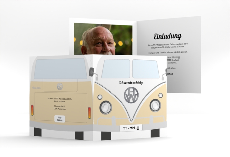 Einladung 80. Geburtstag Bulli Bus quadr. Klappkarte beige silber
