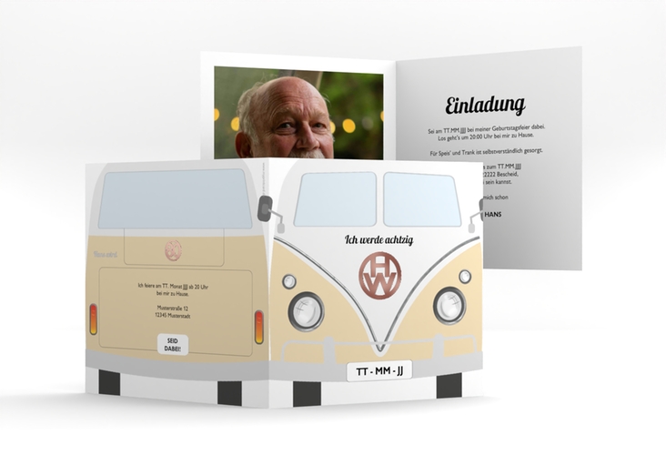 Einladung 80. Geburtstag Bulli Bus quadr. Klappkarte beige rosegold