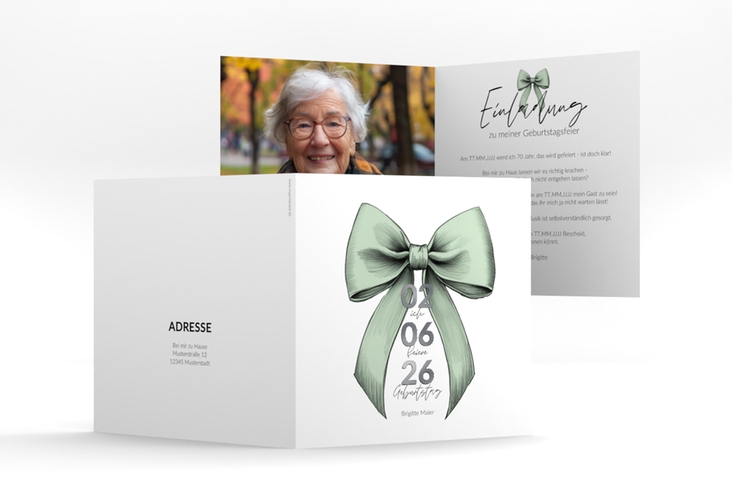 Einladung 70. Geburtstag Geburtstagsschleife quadr. Klappkarte gruen silber