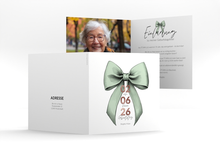 Einladung 70. Geburtstag Geburtstagsschleife quadr. Klappkarte gruen rosegold