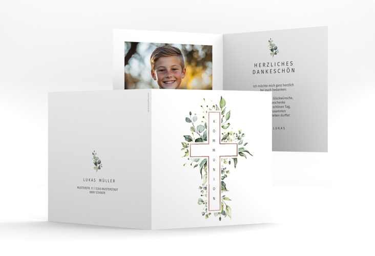 Danksagungskarte Kommunion Verdant quadr. Klappkarte weiss rosegold