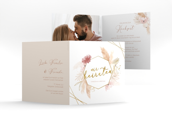 Hochzeitseinladung Bohostyle quadr. Klappkarte beige gold mit Pampasgras in Aquarell