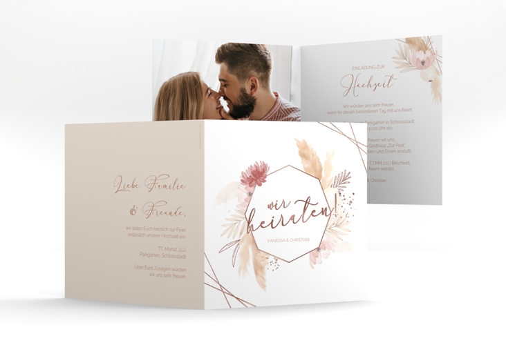 Hochzeitseinladung Bohostyle quadr. Klappkarte beige rosegold mit Pampasgras in Aquarell